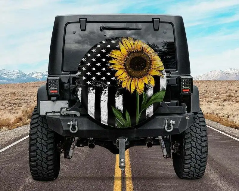 

Sunflower with made old American flag spare tire protector car pendant Made With Your Size Soft Spare Wheel Tire Cover