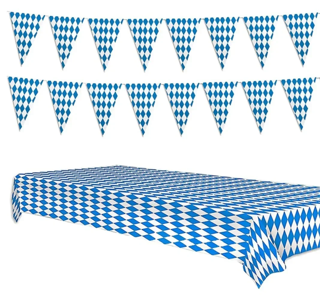 Oktoberfest Tablecloth Plastic Waterproof Bavarian Flag Blue White Plaid Table Cloth German Theme Party Welcome Banner