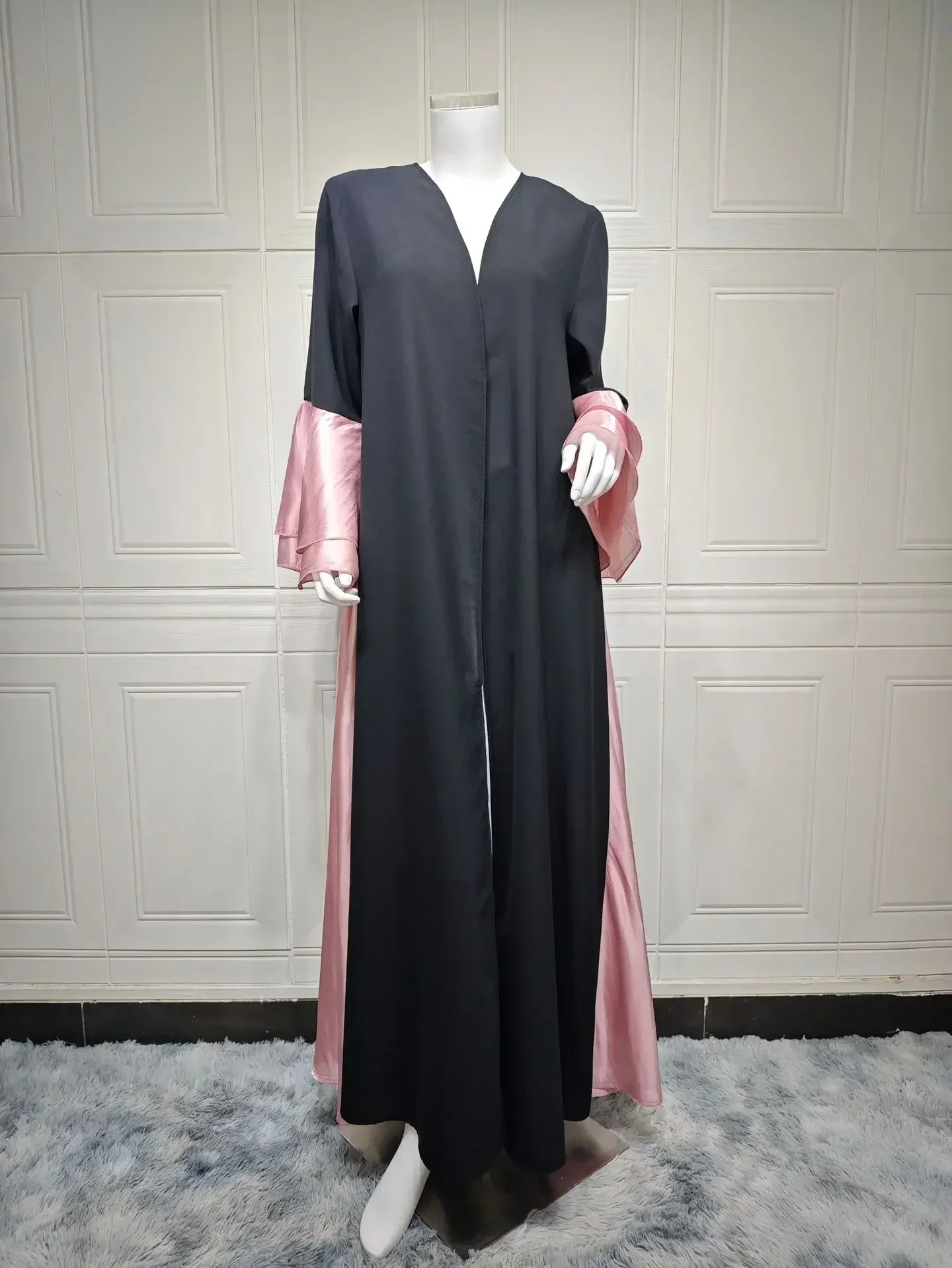 Seidiger Satin offen Abaya gekräuselte Ärmel schwarz muslimische Abayas für Frauen Dubai Truthahn islamische Kleidung Kaftan Kimono Femme Musulmane