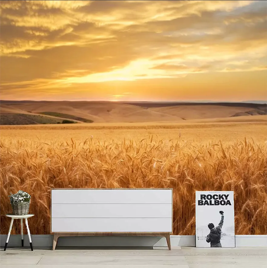 

Customized size mural, wheat field wheat ear wallpaper, home decoration, golden grassland background mural decoration Обои
