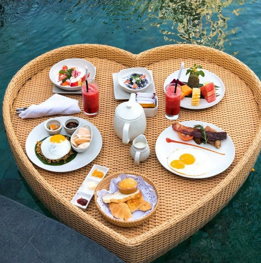 B&B Hotel Pool Dining Tray Floating Heart-shaped Basket Round Rattan 80*80*20cm