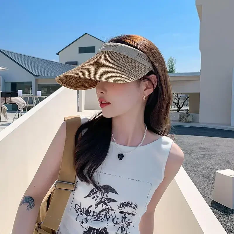 2024 Grass Hollow Hat for Women Summer Beach Sun Protection Sun Shading Hair Hoop Sun Hat Straw Hat