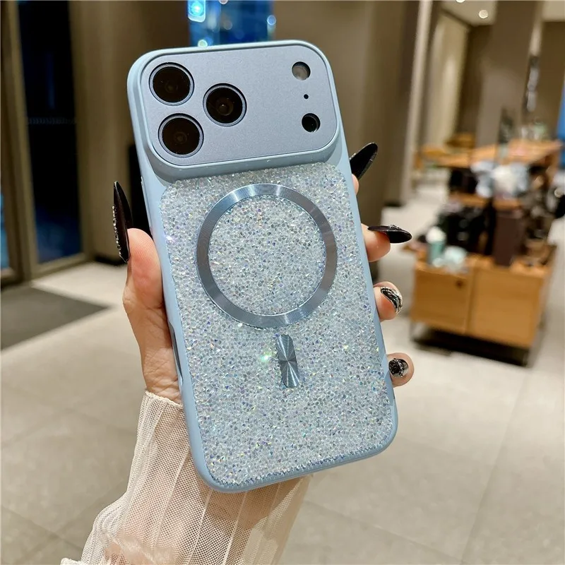 With Lens Protector For Magsafe Magnetic Attraction Case For iPhone 17 18 Pro Max 18Pro Glitter Diamond Shockproof Hard Cover