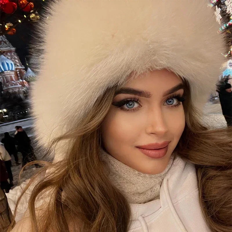 Russian Canadian Women Winter Warm Furry Ski Bomber Cap Y2k Girls Faux Fox Fur Ushanka Hat with Windproof Earflap Fuzzy Hats