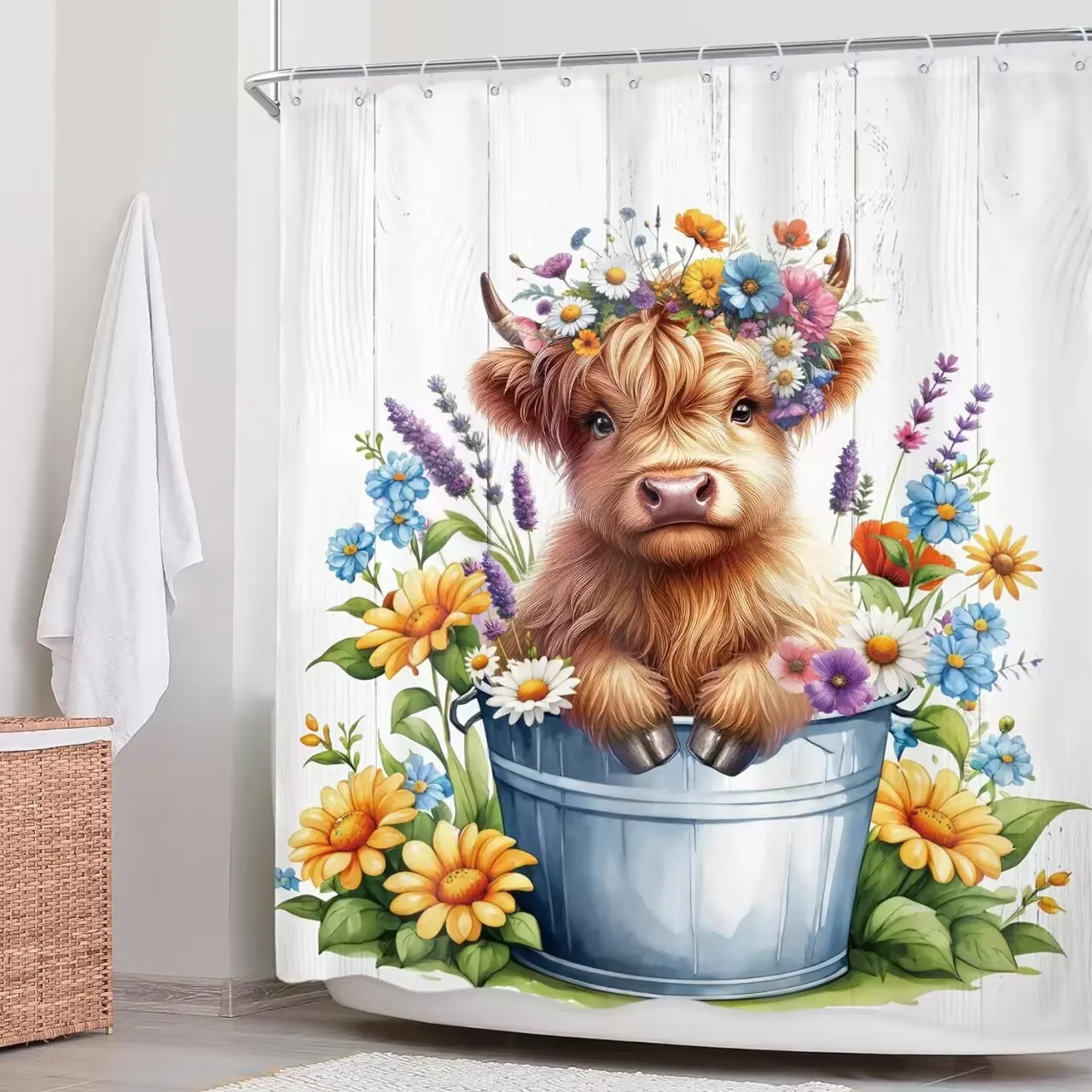 1 piece of polyester single shower curtain with atmospheric flowers and alpine cow pattern, polyester decorative curtain, suitab