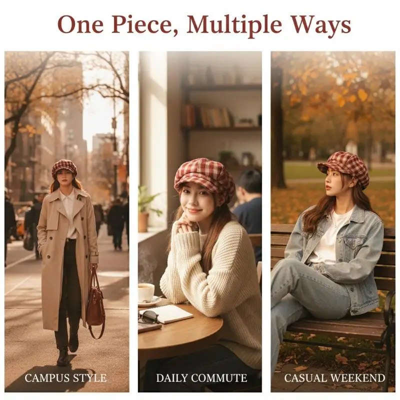 Retro Painter Hat Womens Plaid Beret Preppy Style Large Octagonal Cloud Headband Fashion School Theme Party Look