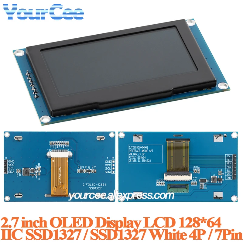 2.7'' 2.7 inch white OLED screen LCD display Module resolution 128*64 IIC I2C interface SSD1325 SSD1327 Drive
