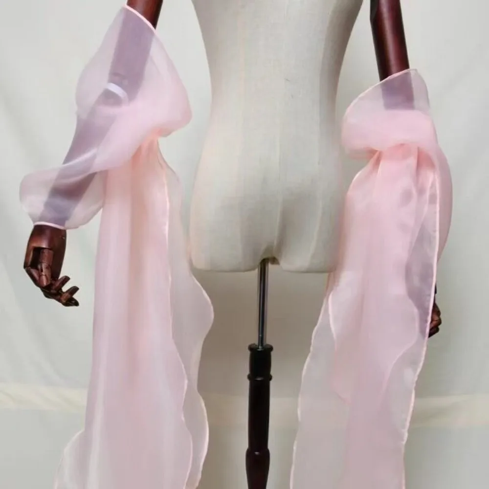 

Fluffy Bridal Arm Sleeves Seethrough Detachable Puff Sleeves Wrap Long Tail Multiple Colors Ribbon Wrap Sleeves Wedding Ceremony