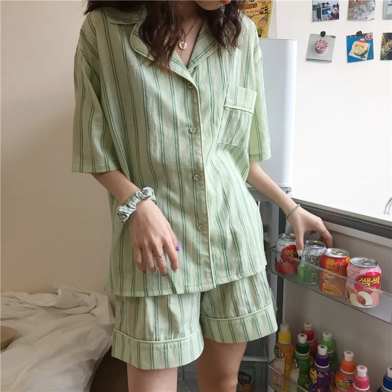 Gestreifte Frauen Pyjama Set Sommer Korea Stil Nachtwäsche zweiteilige Pyjama Kurzarm Top Shorts Pijama Pyjama Homewear Home Anzug