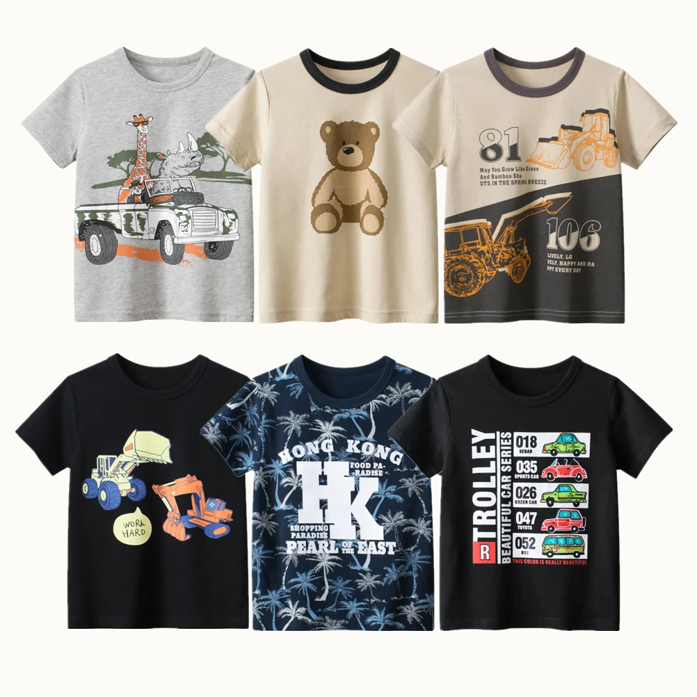 2023 Children Short T-Shirts Tees Clothes for Boy 100% Cotton Short Sleeve Bear Car Animals Cartoon Kids Casual Sport Top