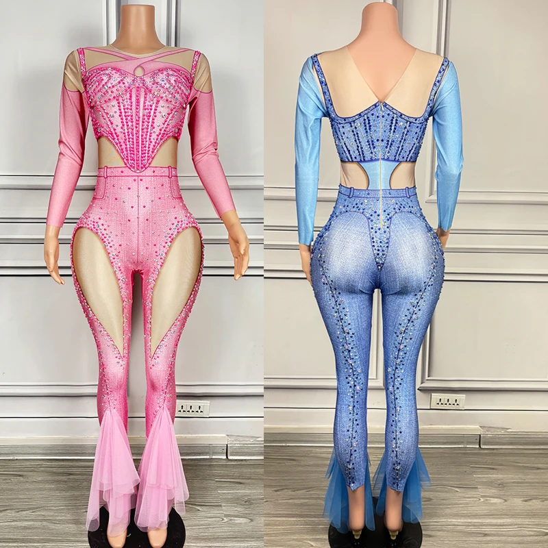 

2024 Nightclub Bar Women'S Full Diamond Fake Leaky Flesh Denim Printed Yarn Jumpsuit Pink Blue One-Pieces Stage Costumes DN18107