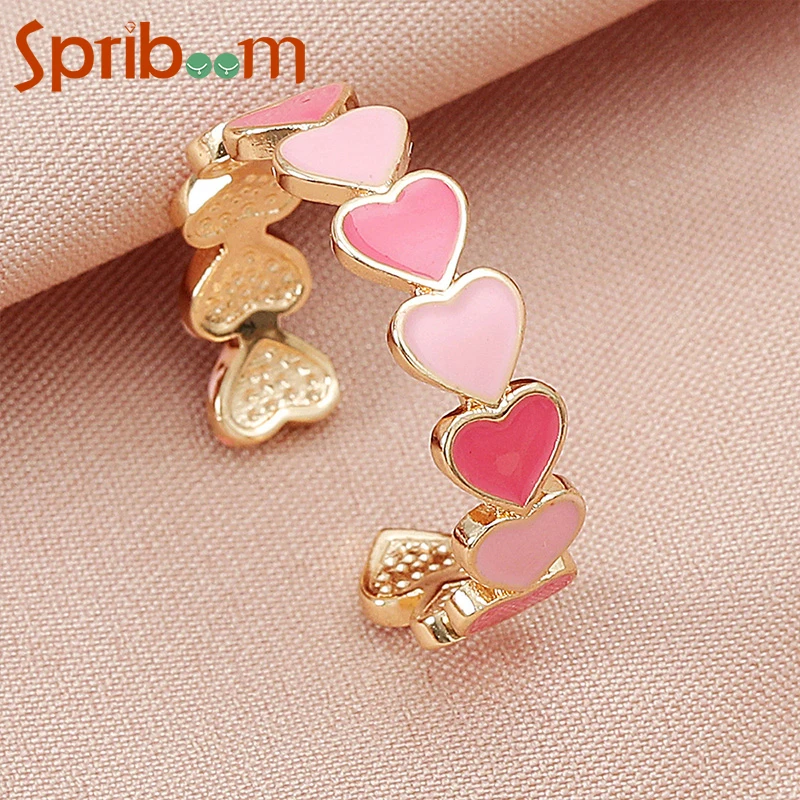 Colorful Love Heart Women's Ring Opening Sweet Enamel Cute Finger Rings Gold Color Vintage Bohemia Jewelry for Women Girl