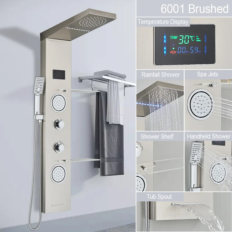 Hot Sell Bathroom Wall Mounted Stainless Steel Waterfall Shower Column SPA Massage Jet Digital Display LED Shower Panels