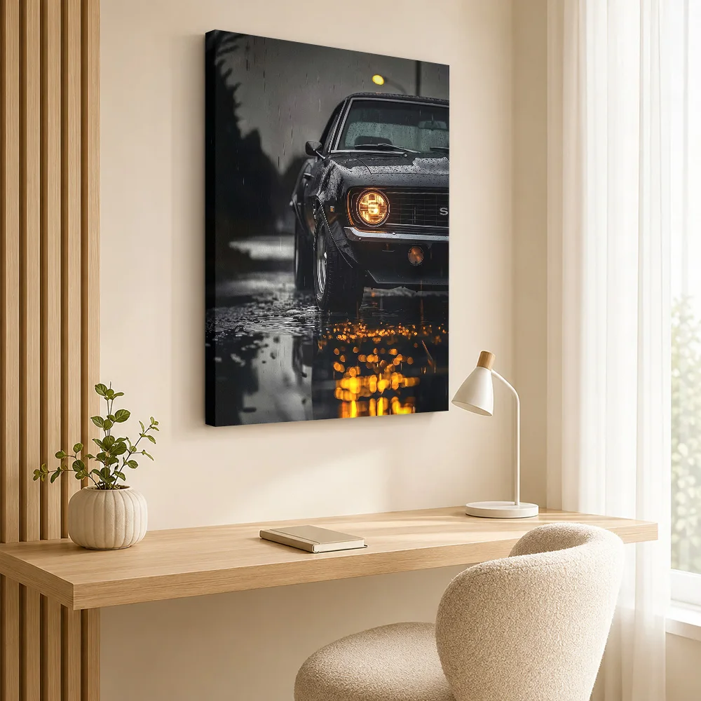 Close up Classic Camaro SS 69 in the Rain Framed Canvas Print Poster Custom Modern Aesthetic Canvas Wall Art for Bedroom Decor
