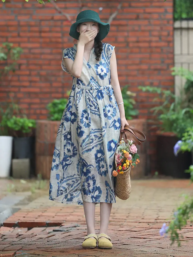 

Blue Summer New Style Women's Dress High Waist A-Line Skirt Cotton Linen Fabric Slimming Effect Elegant And Stylish Dress