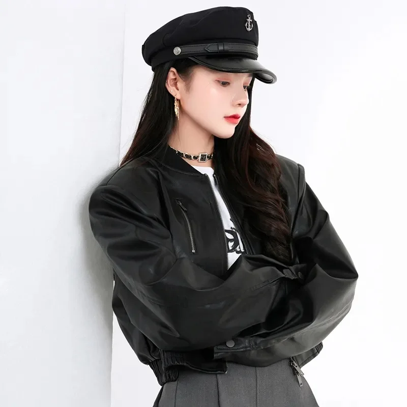 Femmes coréennes mode Faux cuir haut 2025 dames manches longues veste en cuir PU printemps automne femme décontracté court manteau en cuir