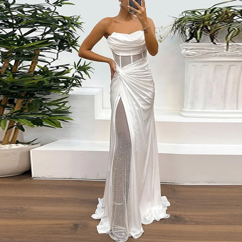 Women's Sexy Glitter Mesh Satin Stitching Banquet Party Dresses Elegant Fashion Sleeveless Waist Closure Perspective Long Dress