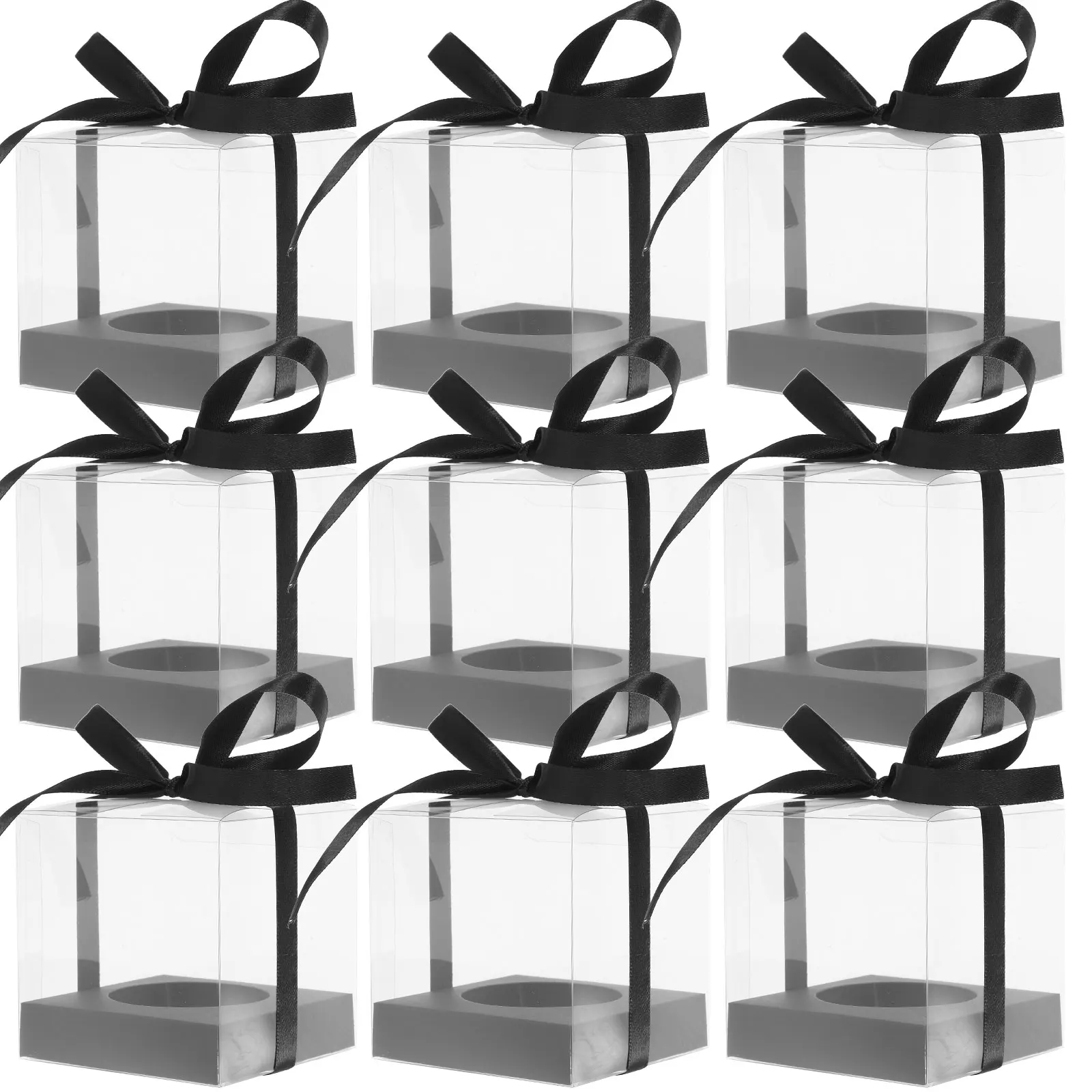 

30 Pcs Cake Box Transparent PET 9x9x9CM Black Ribbon Mousse Cupcake Containers Bakery Display Packing Reusable Plastic