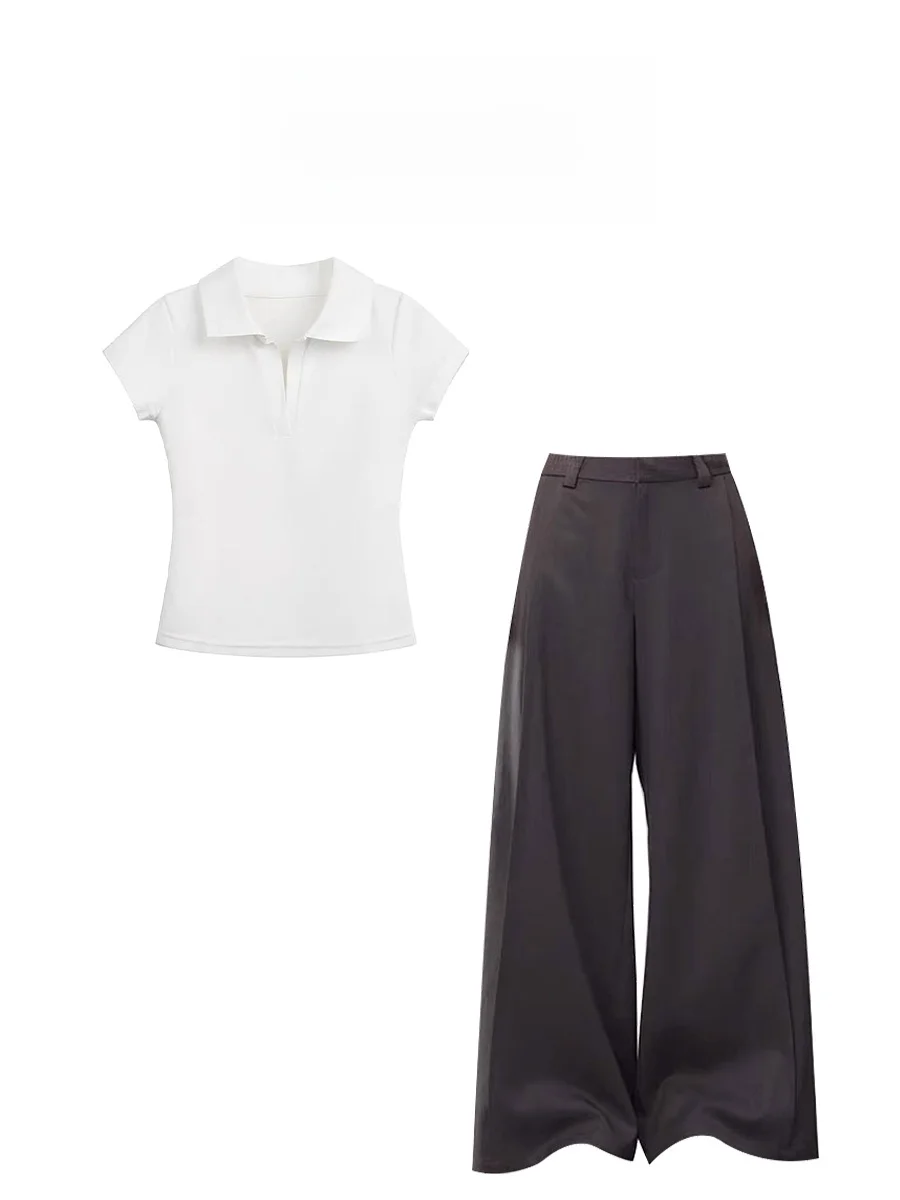 

Parkyeon Korean Style Simple White Collar Short Sleeve Top with Drape Straight Leg Pants Casual Two Piece Set Summer Fashion