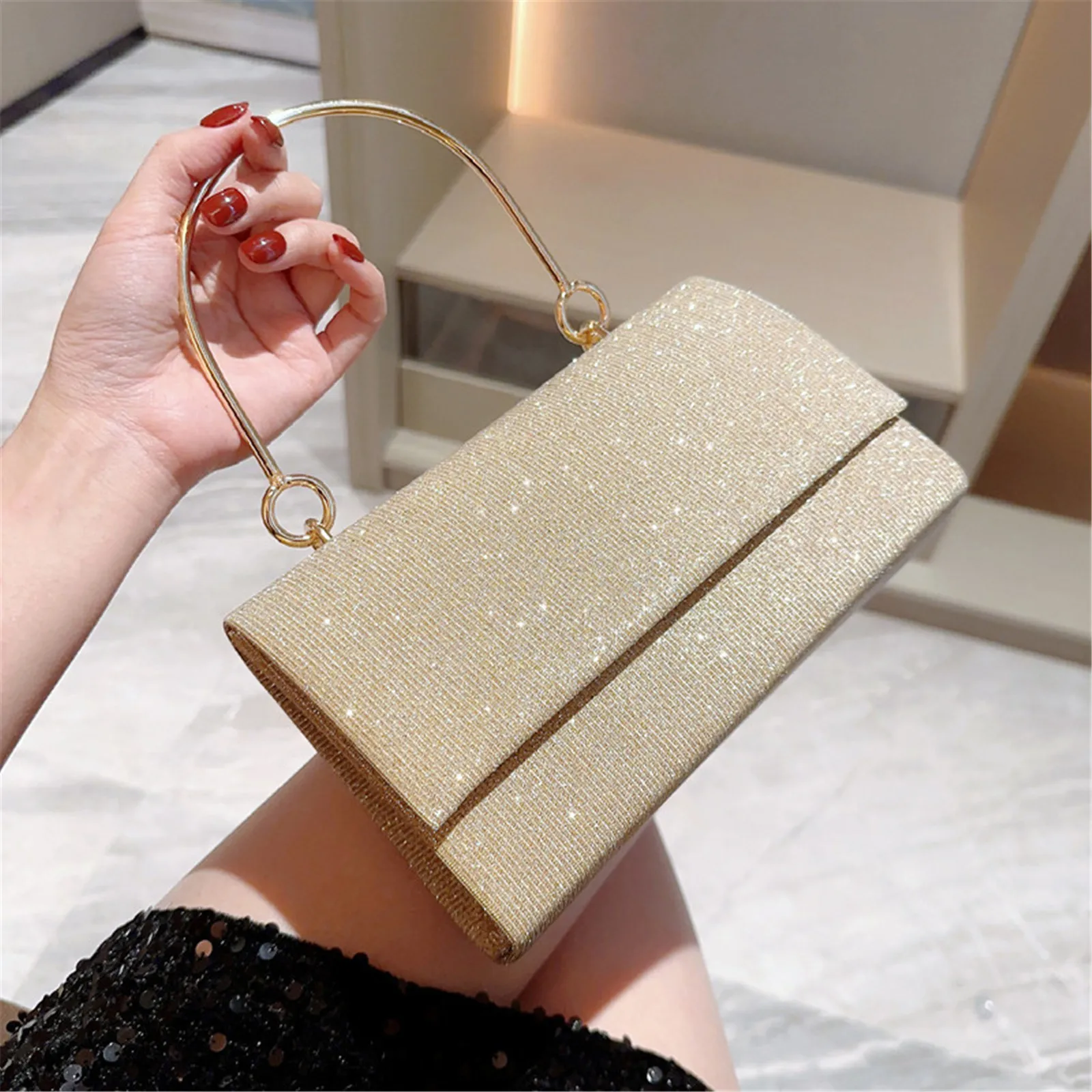 Women Shiny Handbag for Ladies Fashion Luxury Gold Silver Dinner Evening Clutch Bag Dress Wedding Party Coctail Banquet Bag