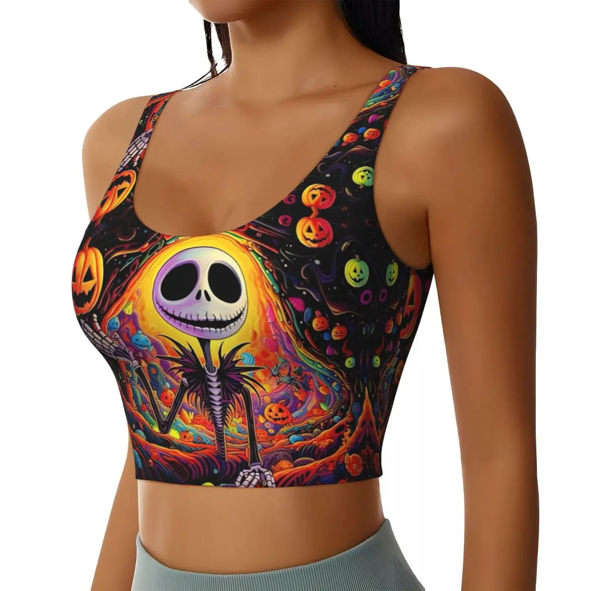 Custom High Impact Nightmare Before Christmas Pumpkin Sports Bra for Women Gym Workout Yoga Crop Top