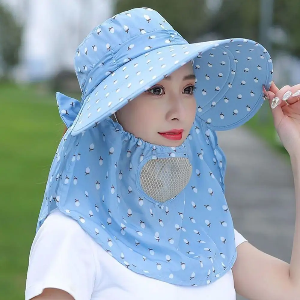 Women Summer Sun Hat Floral Print Large Brim Sunscreen Face Guard Sun Cap Shawl Design Outdoor Tea Hat 태양모