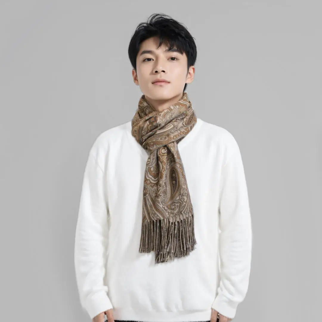 

Мужской теплый флисовый шарф в стиле ретро, шаль с узором пейсли, унисекс, зимний шарф с кисточками, хиджаб