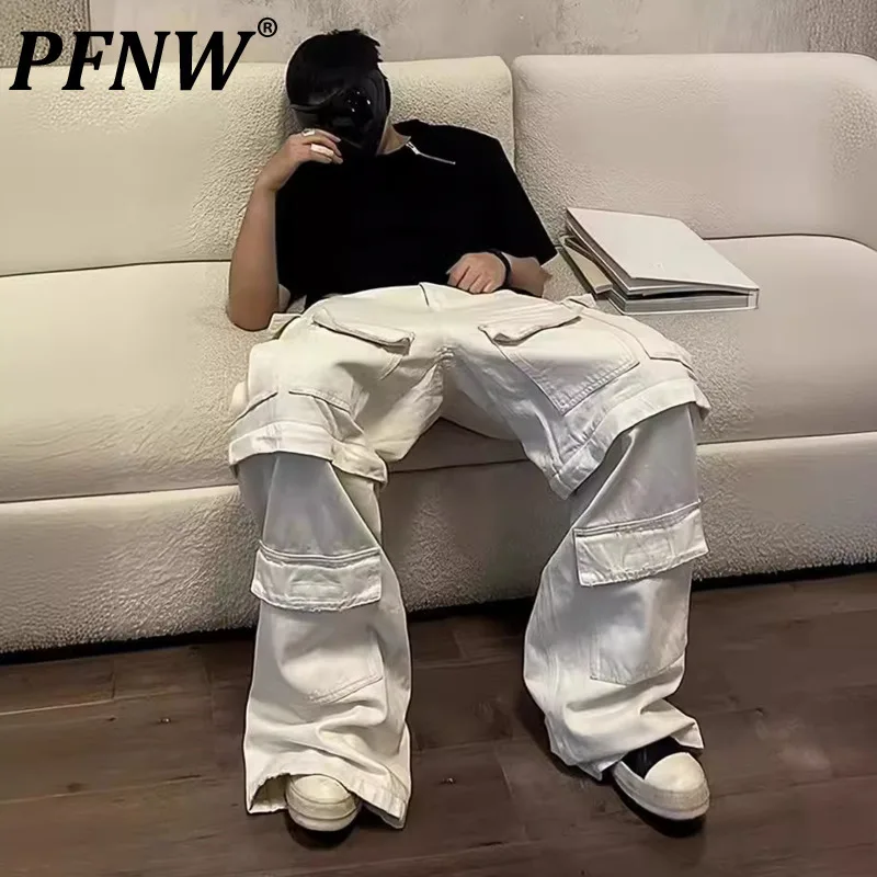 PFNW Tide High Quality White Removable Zipper Destroyed Distressed Straight Cargo Pants Mens High Street Design Trousers 28W5571