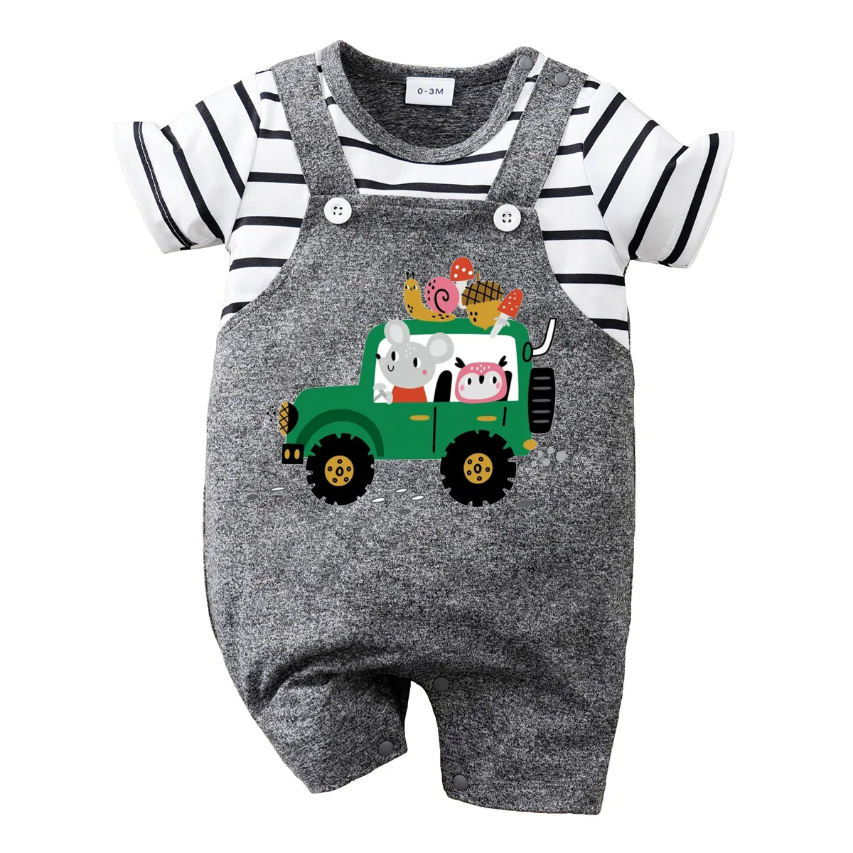 IURNXB Newborn Baby Romper Summer Forest Animals Traveling in Green Offroad Car Stripe Jumpsuit Infant One Piece Outfit 0-18M