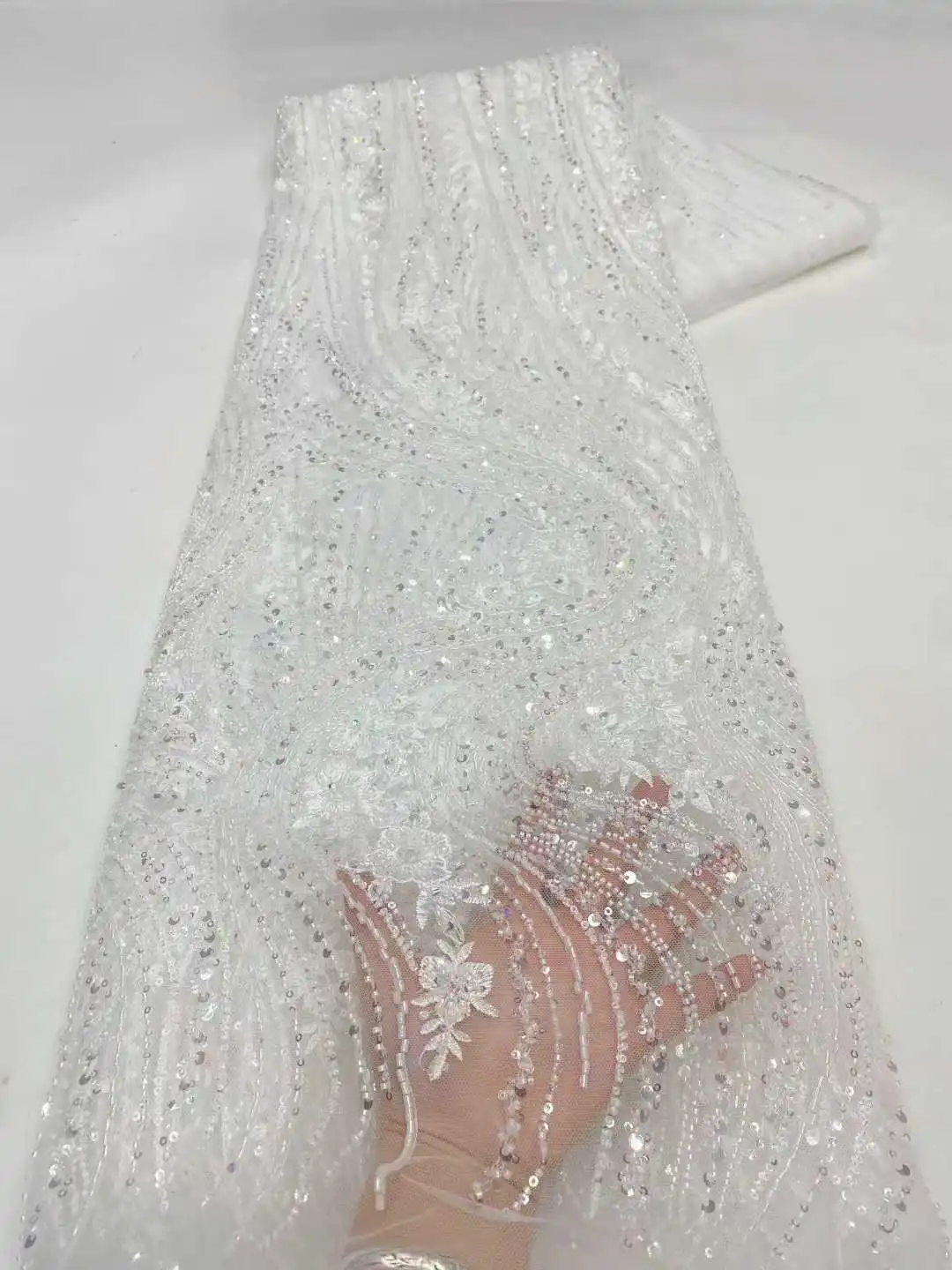 

White Luxury Precious French Handmade Heavy Beaded Lace Fabric High End African Nigerian Sequin Lace Wedding Party XZ80TY-338