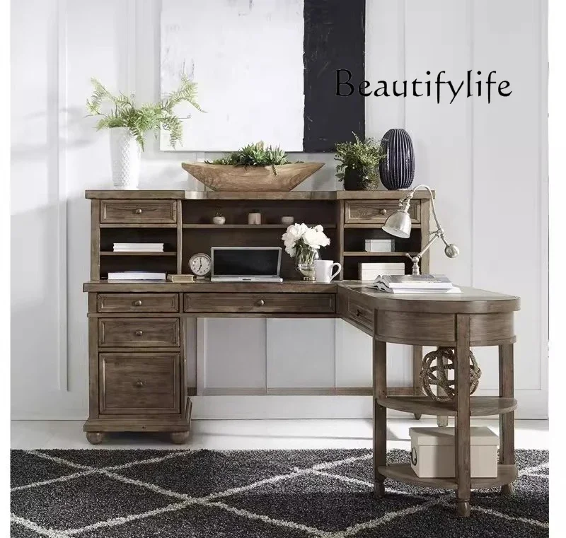 

combination solid wood computer desk home retro style American desk custom corner desk bookshelf