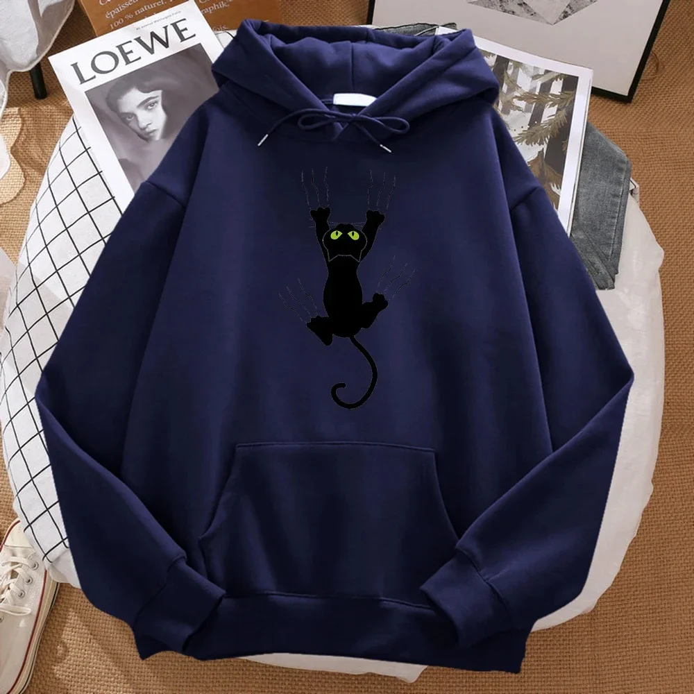 Sudadera con capucha para hombre con estampado de gato negro travieso, cómoda sudadera con capucha de hip-hop de dibujos animados y sudadera Harajuku