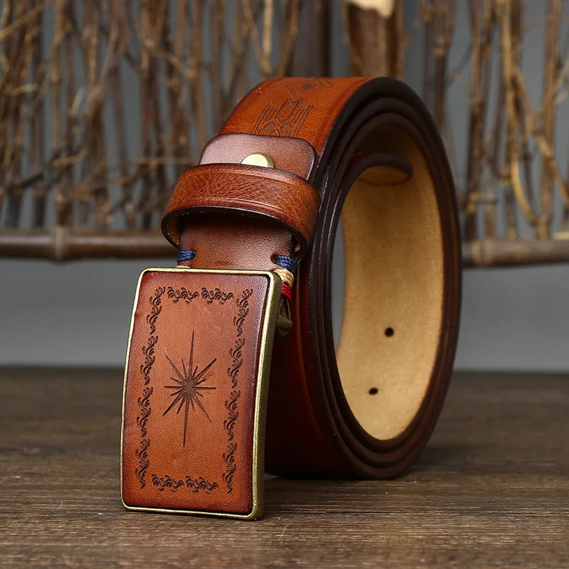 Men Retro Handmade Genuine Leather Belt Fashionable Vintage Carving Pattern Smooth Buckle Belts Male Jeans Waistband Belt