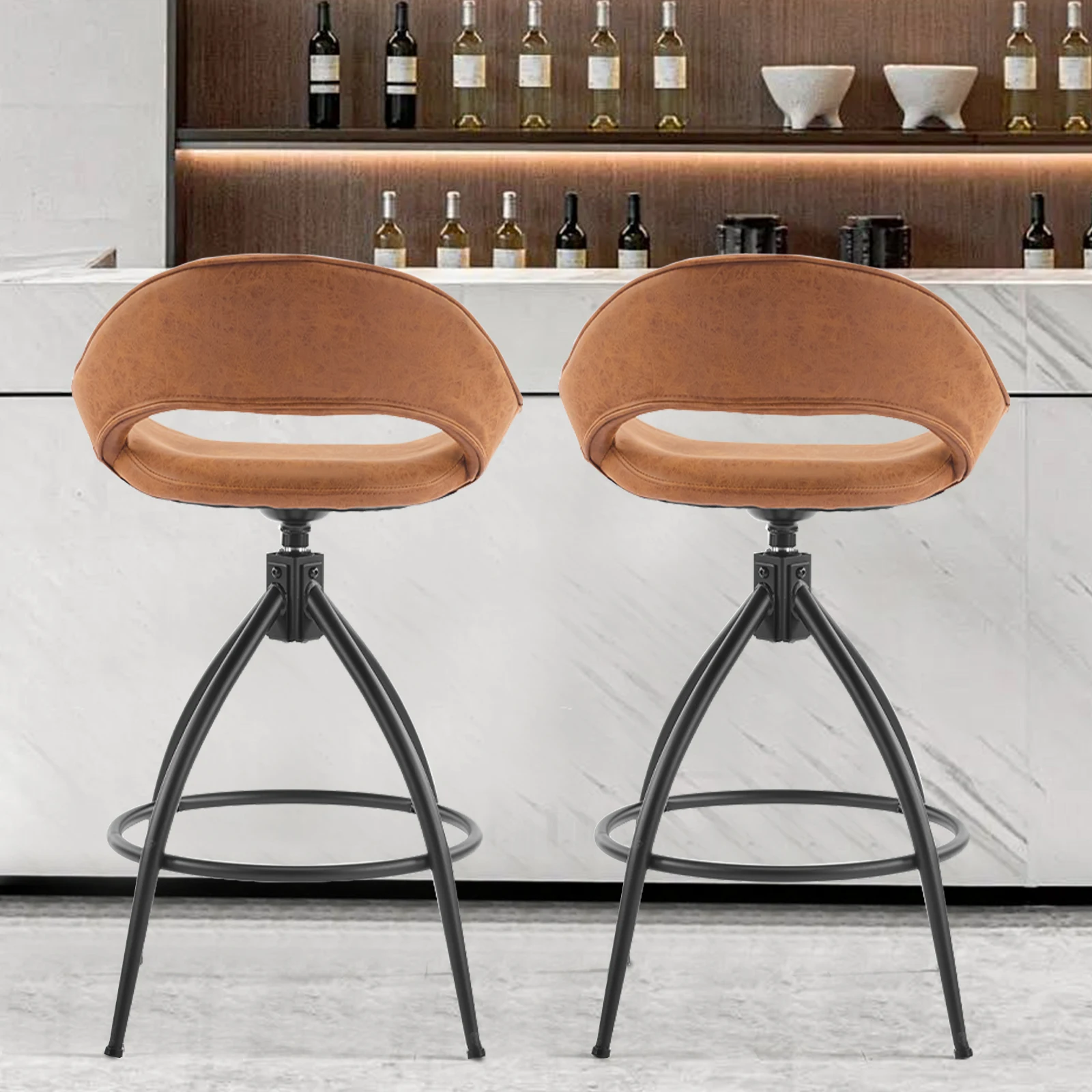 

2pcs Hollow Back PU Leather Bar Stools with Powder-Coated Curved Iron Legs, Brown, Swivel