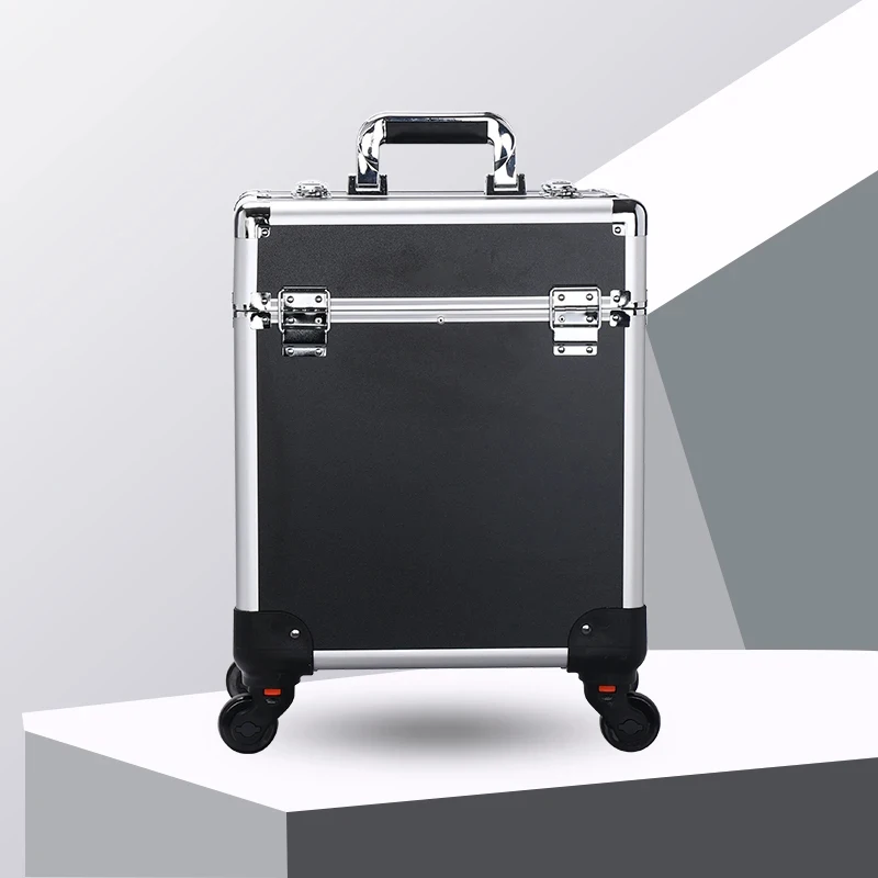 Large Capacity Aluminum Rolling Makeup Case with Trays Lockable Salon Organizer for Cosmetic Nails Supplies Portable Trolley Cas