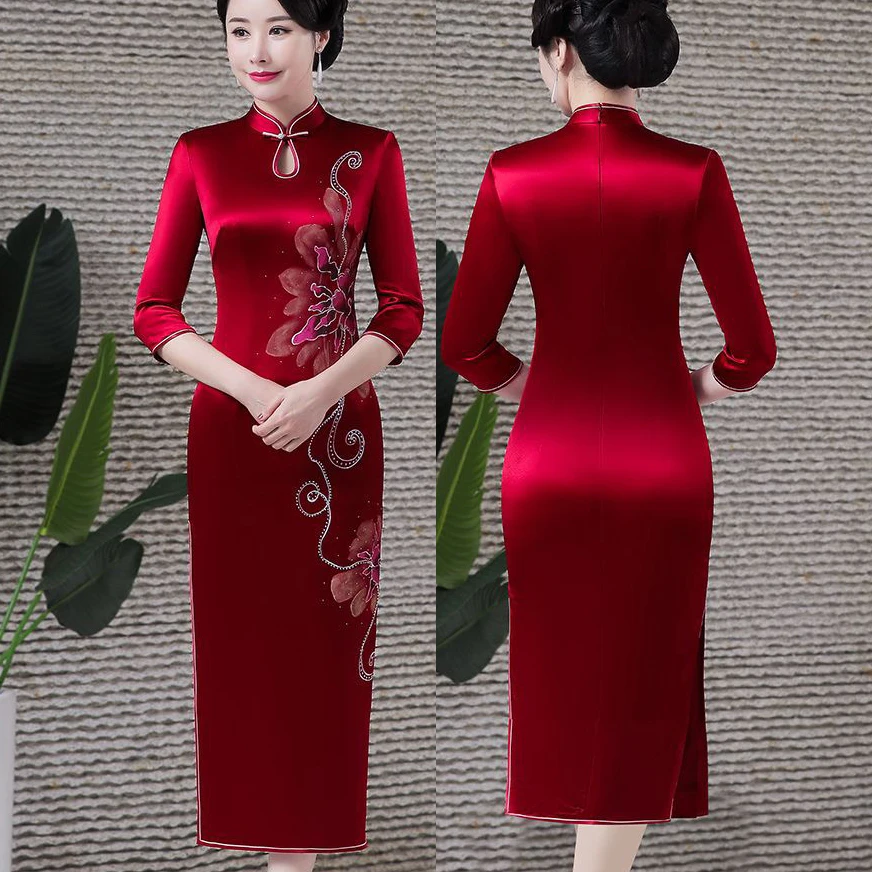 Chinese Style Female Long Qipao Sexy Slim Half Sleeve Cheongsam Dress Burgundy Print Flower Mandarin Collar Vestidos 3XL 4XL