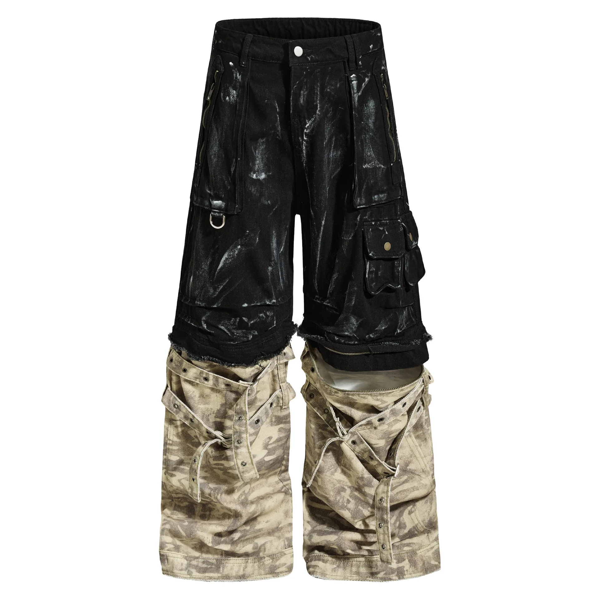 Men's Loose Fit Vibe Style Hip Hop Cargo Pants With Pockets Fashion High Street Y2K Trousers With Camouflage Patchwork