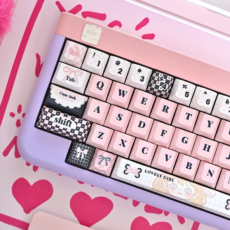 Pink Plaid Cute Keycaps,138 Keys Dye Sublimation Cherry Profile Doubleshot Custom PBT Keyboard Keycaps For Mechanical Keyboards