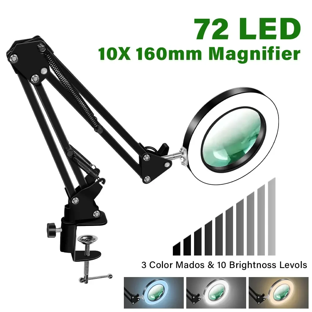 10-fache beleuchtete Lupe mit USB, 3 Farben, 72 LED-Beleuchtung für Lötarbeiten, Reparaturen, Tischlampe, Lesen, Hautpflege und Schönheitsanwendungen – Detail 5