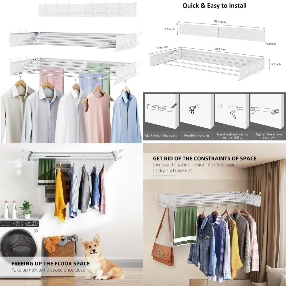 

Складная настенная сушилка для одежды — компактная, вместимость 13,2 фута, 5 алюминиевых стержней, складная сушилка для белья