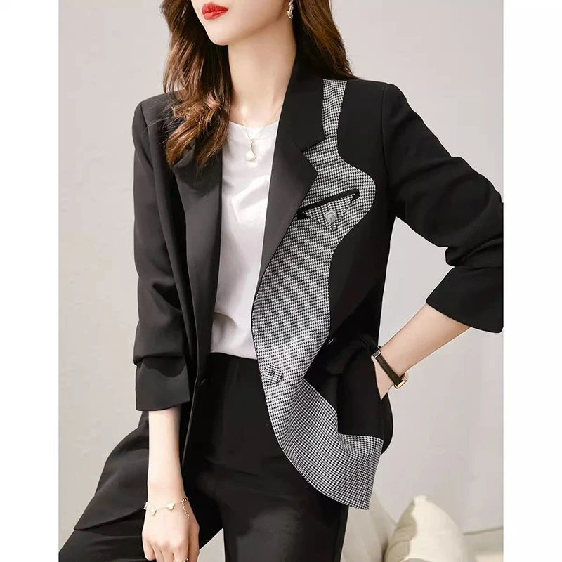 

Fashion Lapel Button Pockets Spliced Houndstooth Blazer Women's Clothing 2024 Autumn New Loose Casual Tops Office Lady Blazers