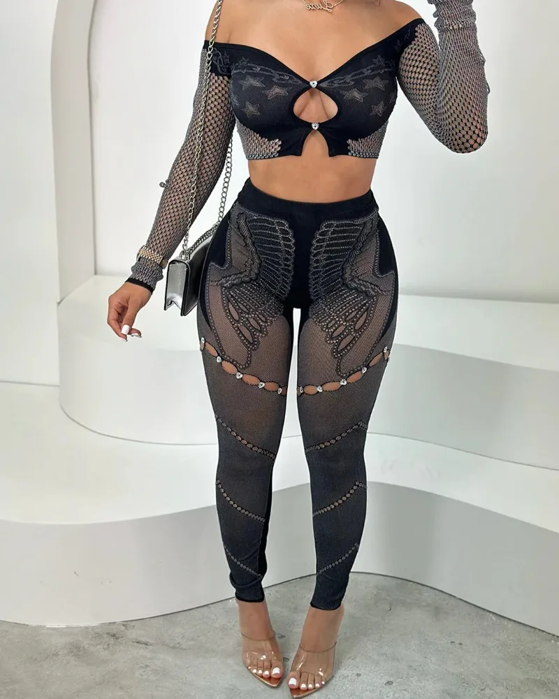 

Women Sexy Diamonds Hollow Out Jacquard Mesh 2 Piece Set Off Shoulder Long Sleeve Crop Tops + High Waist Leggings Pants Suits