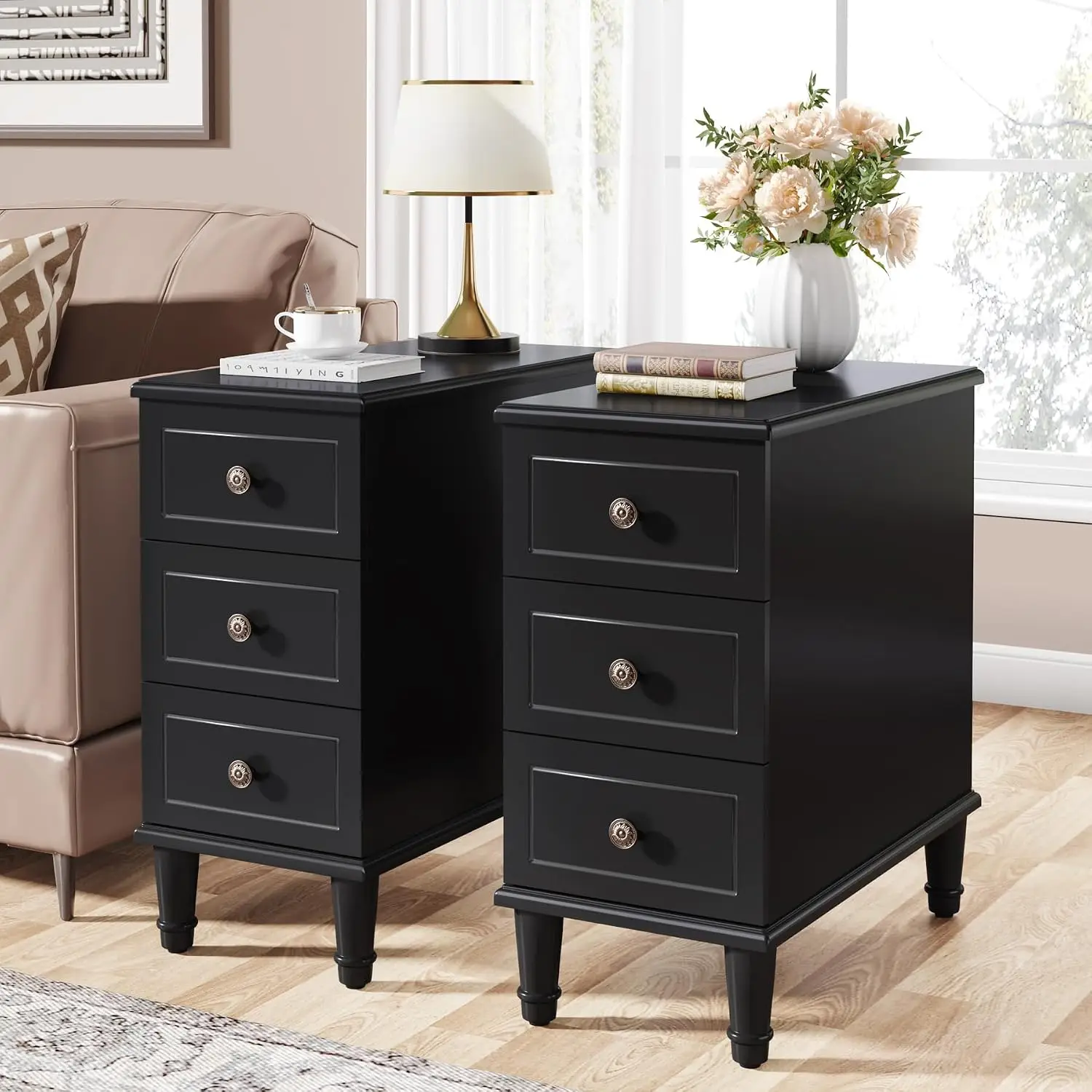 Solid Wood Narrow End Table 2 Pack Pre Assembled Slim Side Table with Storage Drawers Multipurpose Bedside Nightstand for Bedroom Living Room Small Space Black