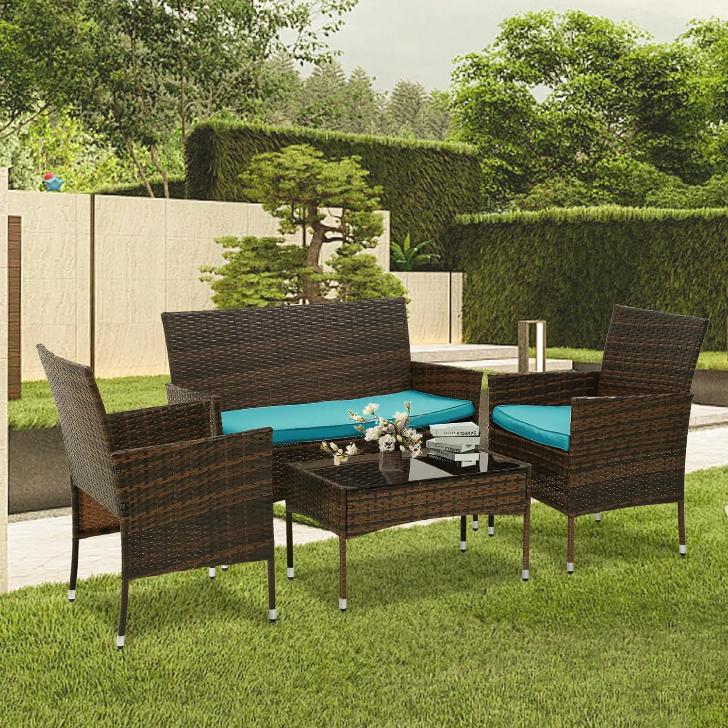 Water Resistant Outdoor Furniture Set, Pátio Modular, Conversa com cadeiras de vime, Mesa de vidro temperado