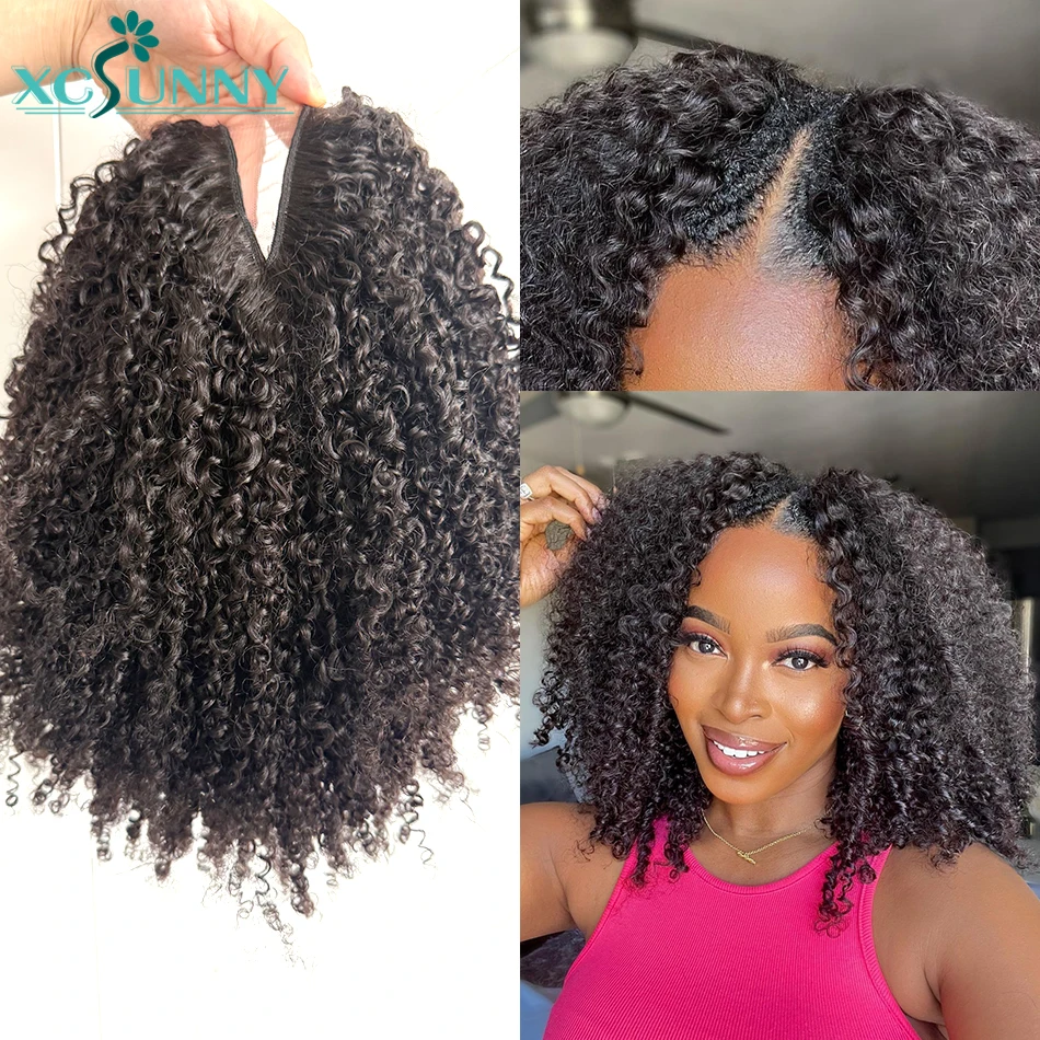 

Парик V-образной формы с кудрявыми волосами Remy, без необходимости оставлять свои волосы, машинной работы, улучшенный U-образный парик без клея для женщин