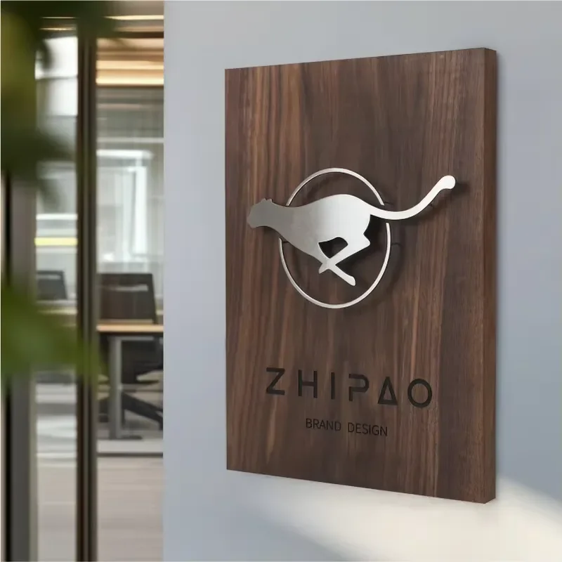 Walnut Wood Sign with Metal Floating Letters Outdoor Hotel High End Store Signage Water Resistant Eco-Friendly