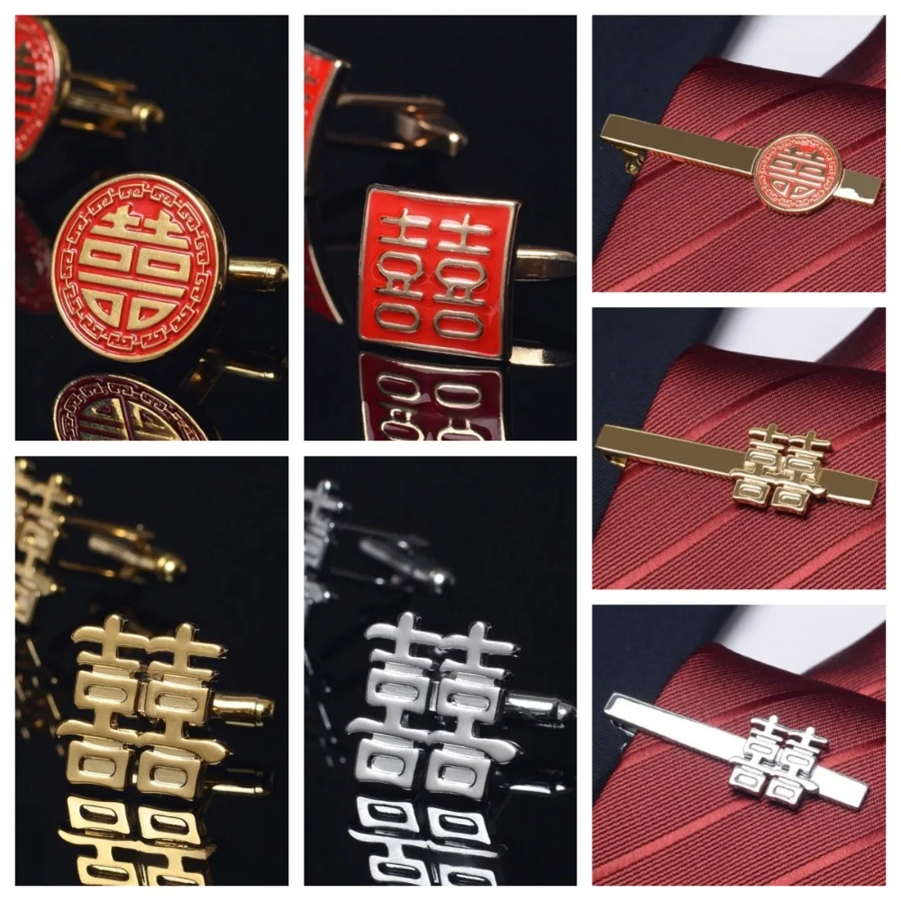 Gemelos de doble felicidad con palabra feliz, Clip de corbata de boda tradicional chino de aleación, botón de manga de novio de bendición roja