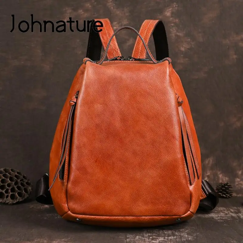 Johnature 2024 New Genuine Leather Solid Color Backpack Vintage Real Cowhide Women Bag Large Capacity Simple Travel Backpacks