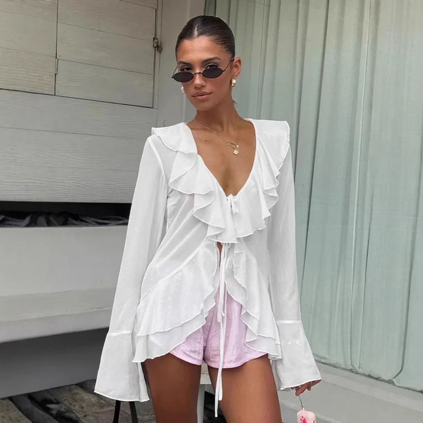 Jesienna francuska bluzka szyfonowa w stylu commuter, kobieca moda, dekolt w serek, wiązana, długi rękaw, odzież damska