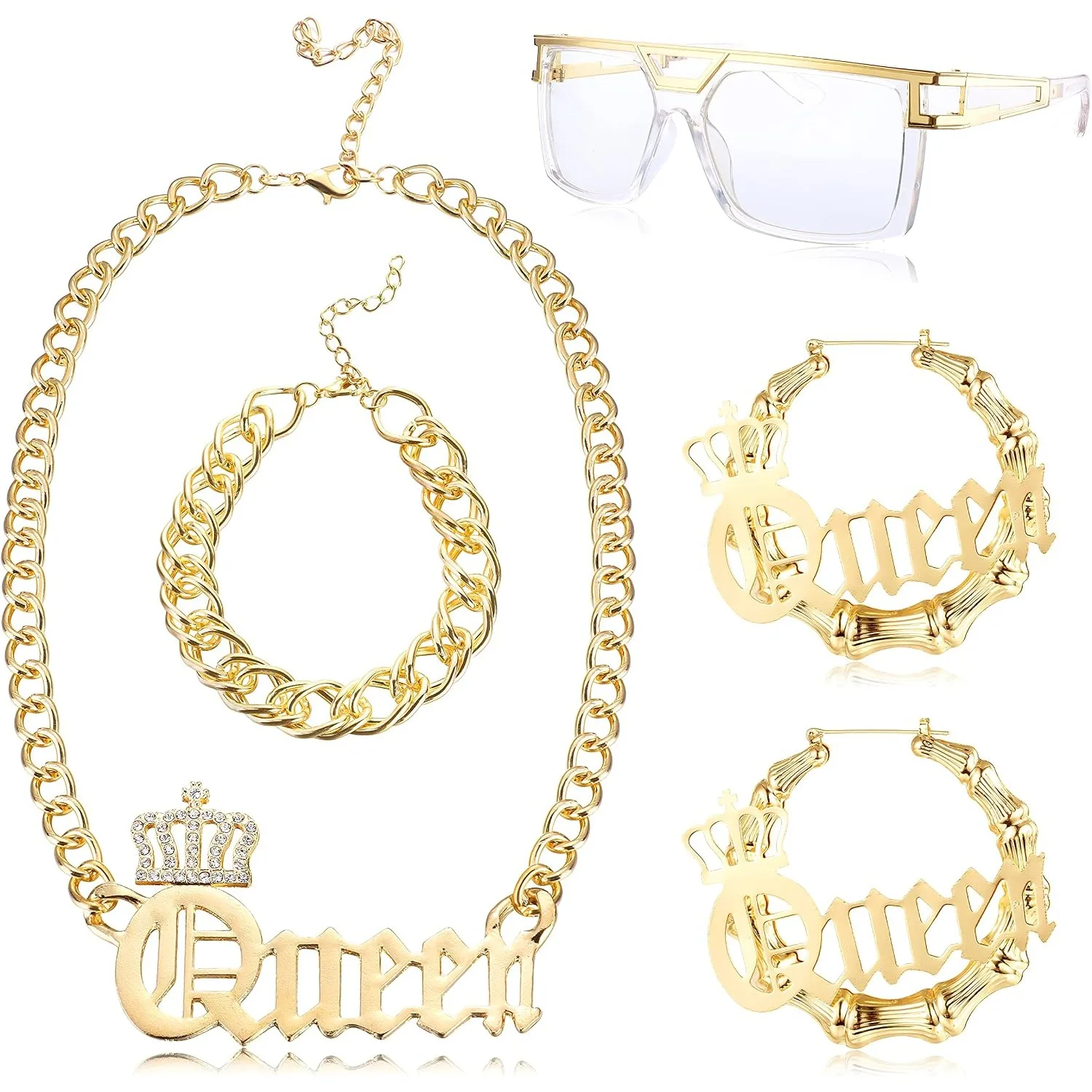 FASACCO 80s 90s Hip Hop Queen Jewelry Set Women Punk Rapper DJ Retro Disco Kit Party Club Halloween Cosplay Dress Up Accessory